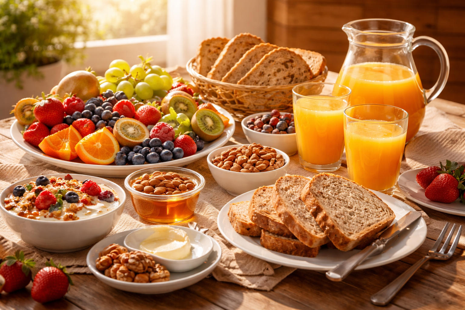 healthy breakfast table with fresh fruits, whole grain bread, nuts, and natural juice in warm morning sunlight